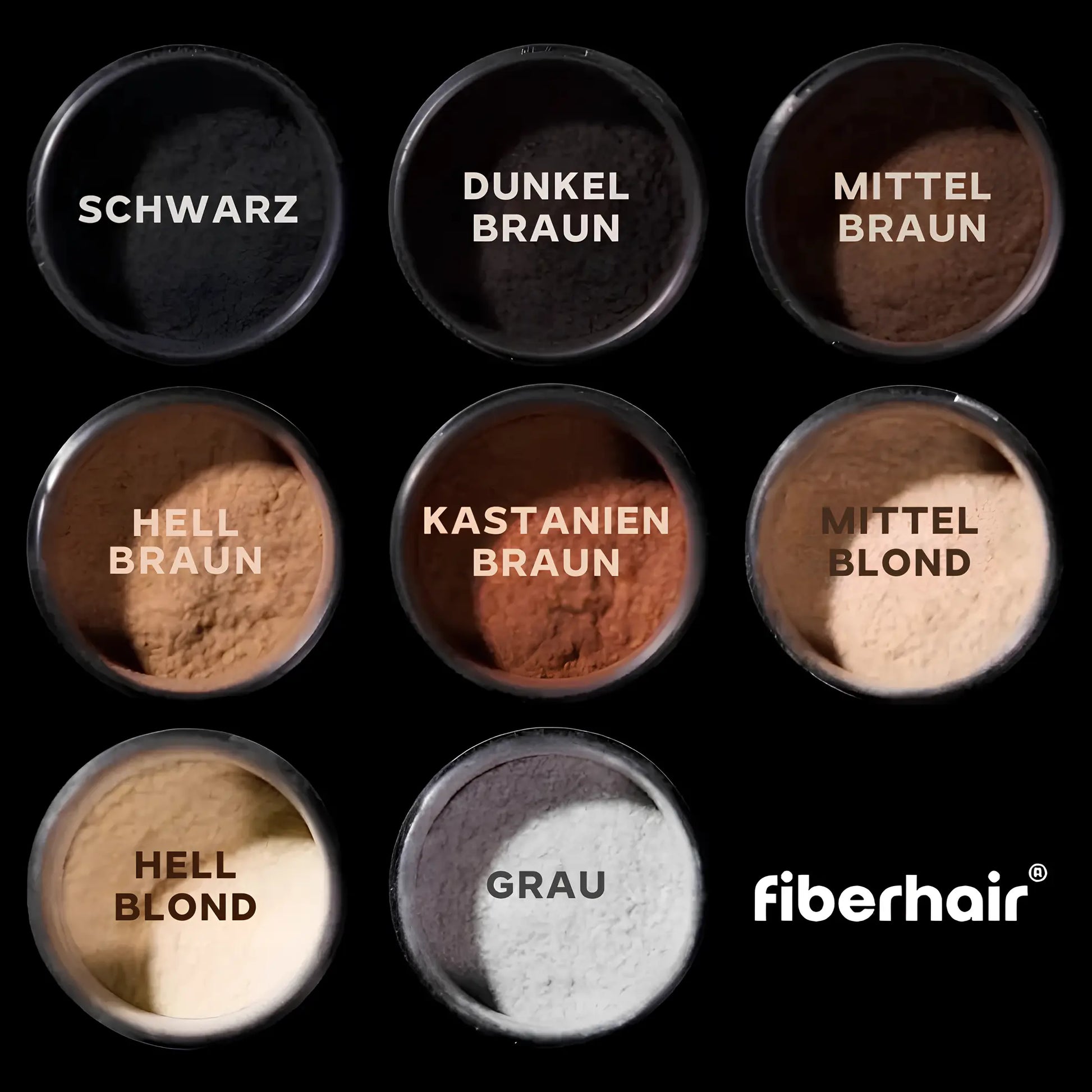 Fiberhair® Haarpuder 50g in natürlichen Farben: Schwarz, Dunkelbraun, Mittelbraun, Hellbraun, Kastanienbraun, Mittelblond, Hellblond und Grau. Effektive Abdeckung für dünner werdendes Haar, ideal für Männer und Frauen.