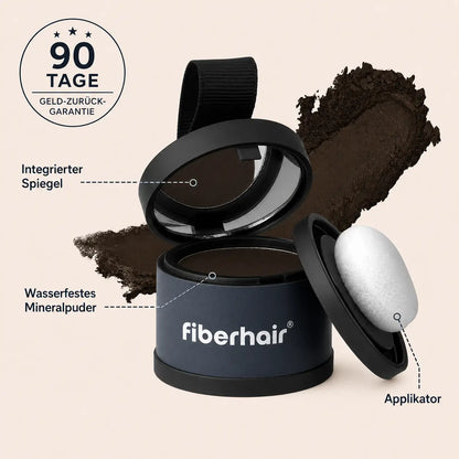 Geöffnete fiberhair® Haarpuder Dose mit integriertem Spiegel, wasserfestem Mineralpuder und weichem Applikator