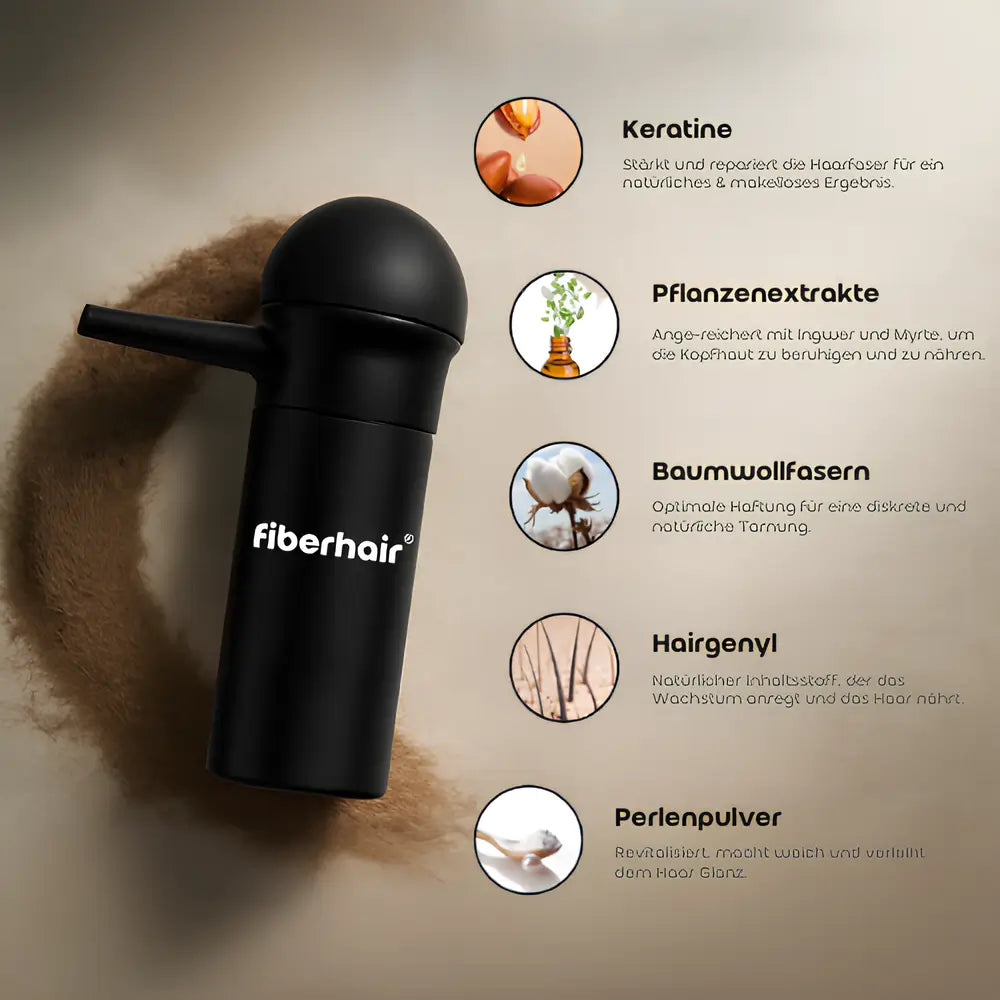 Fiberhair® Haarpuder Spray mit natürlichen Inhaltsstoffen: Kératin für realistische Haardichte, Hairgenyl™ für mehr Vitalität, Extrakte aus Ingwer und Myrte für die Kopfhautpflege, Baumwollfaser für sanfte Anwendung und Perlenpuder für natürlichen Glanz