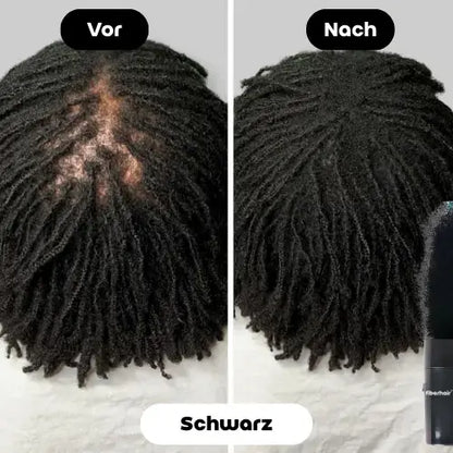 Vorher-Nachher Bild des Fiberhair® Haarpuder Sprays in Schwarz, das die Calvitie bei lockigem Haar von schwarzen Männern effektiv abdeckt und für ein volleres, natürlicheres Aussehen sorgt.