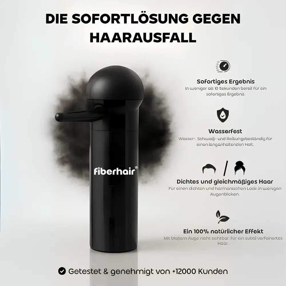 Fiberhair® Haarpuder Spray mit Vorteilen: Sofortiges Haarkamouflage, wasserdicht, schweißresistent, für dichtes und gleichmäßiges Haar mit 100% natürlichem Effekt.