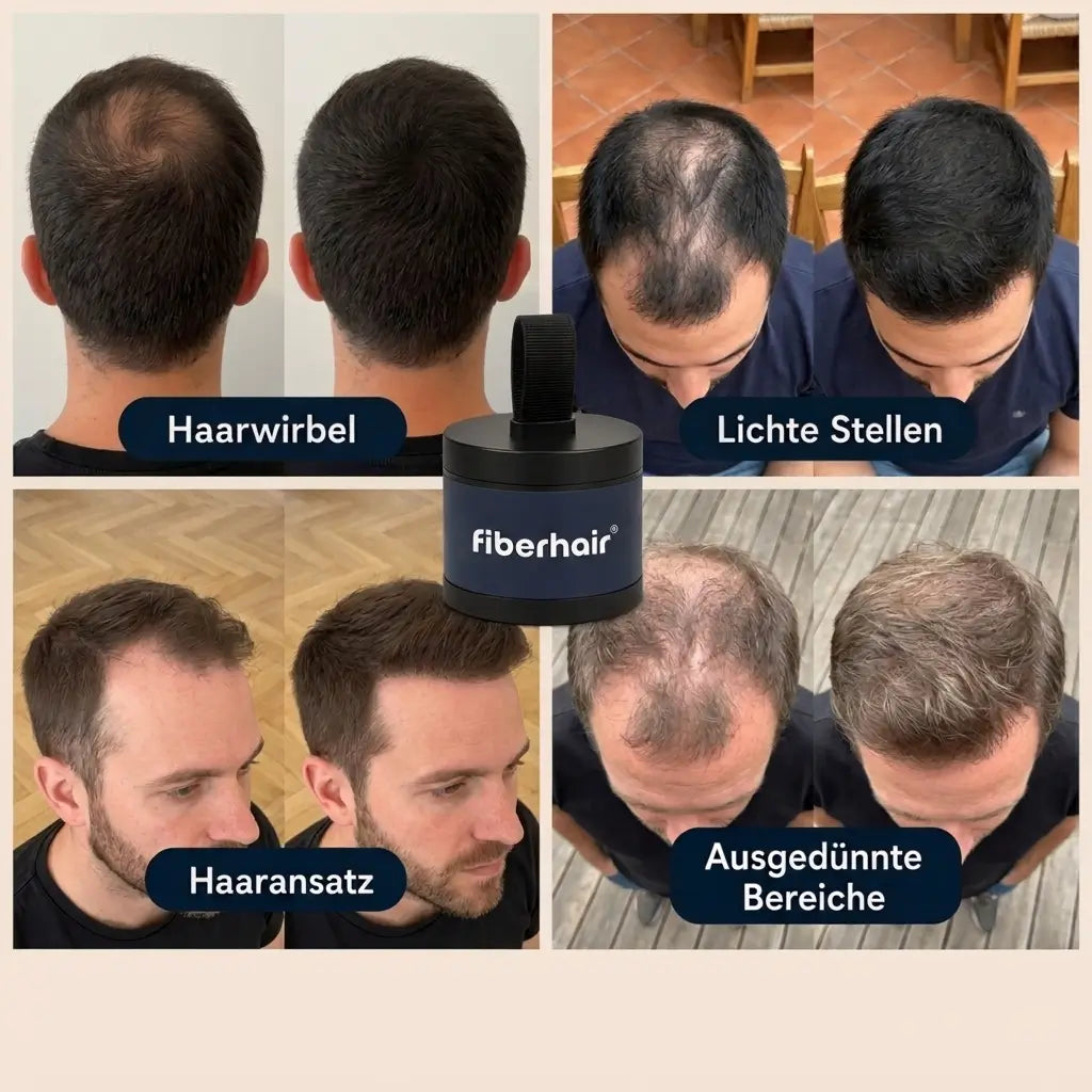 fiberhair® Streuhaar an Haarwirbel, Haaransatz, lichten Stellen und ausgedünnten Bereichen – Vorher-Nachher