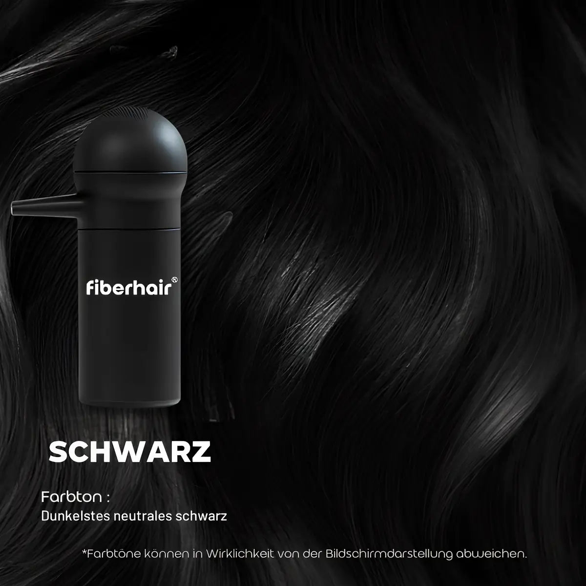Packshot des FiberHair Haarpuder‑Sprays in Farbe Schwarz; verleiht sofort Volumen und ein natürlich mattes Finish am Ansatz.