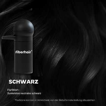 Packshot des FiberHair Haarpuder‑Sprays in Farbe Schwarz; verleiht sofort Volumen und ein natürlich mattes Finish am Ansatz.